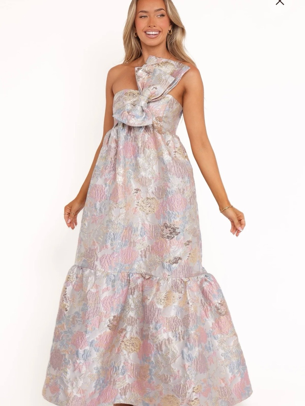 Petal & Pup One-Shoulder Pastel Jacquard Maxi Dress with Bow